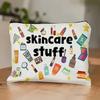 Stylish White Makeup Bag with "Skincare Stuff" Print Durable Zippered Cosmetics Organizer Pouch, Multi-Functional Travel Accessory Makeup Bag