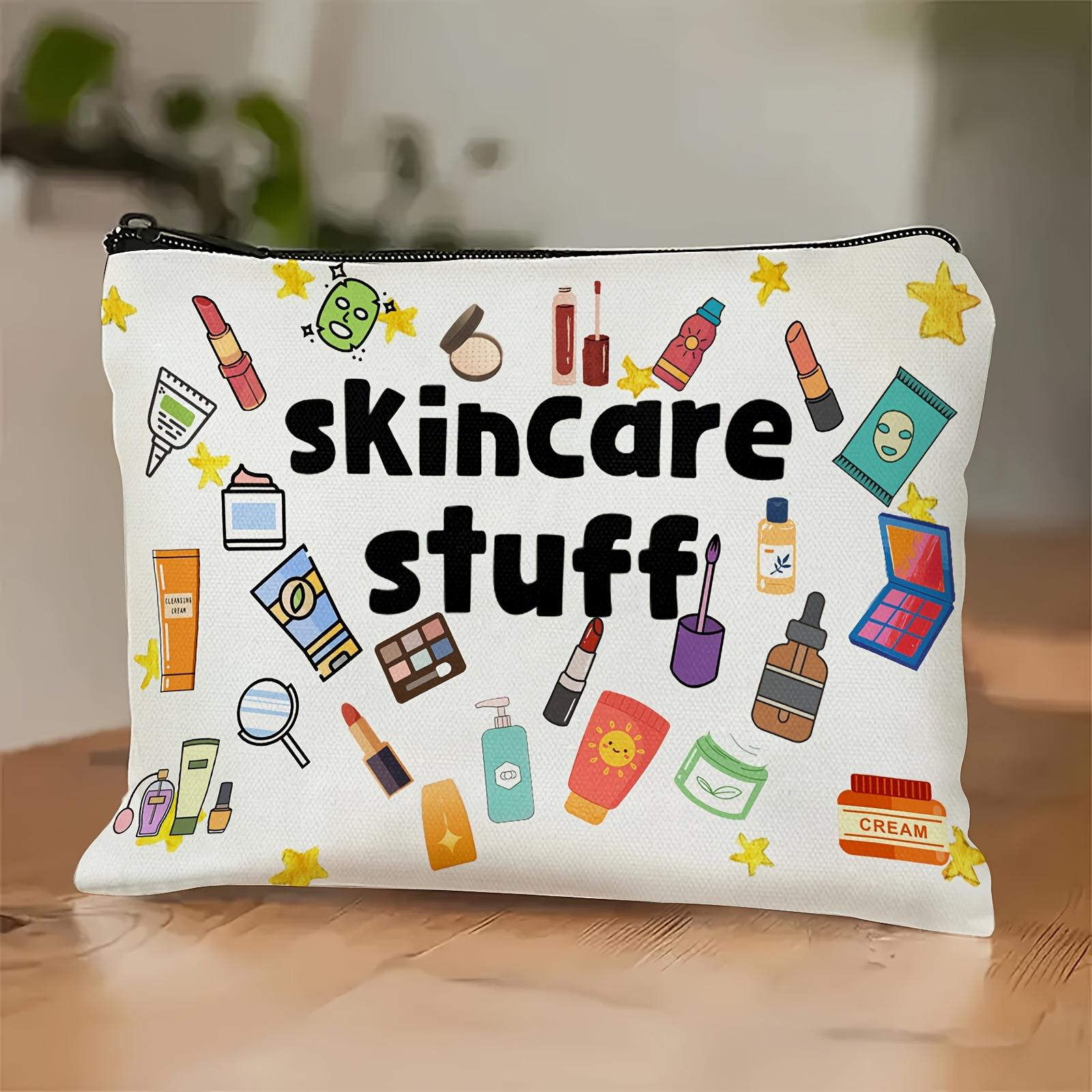 

Stylish White Makeup Bag with Skincare Stuff Print Durable Zippered Cosmetics Organizer Pouch, Multi-Functional Travel Accessory Makeup Bag