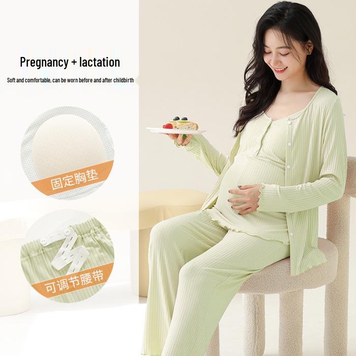 Modal Maternity Pajamas: 3-Piece Autumn Set with Breast Pads, Postpartum Nursing, Belly Comfort, Summer Wear.