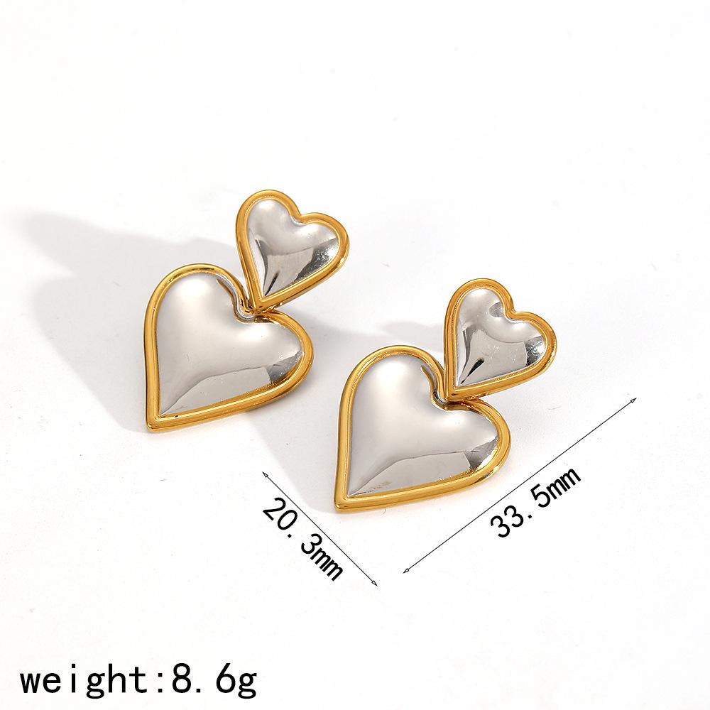 Spot European & American Style 18k Gold Love Pendant Double Heart Stainless Steel Earrings