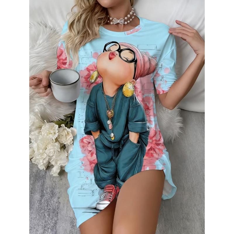 Plus Size Ladies Cute Kiss Girls Printed Round Neck Short Sleeve Nightgowns and Dresses