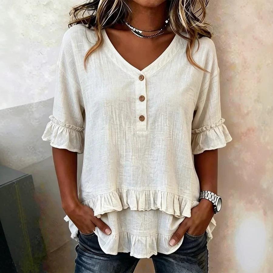 Camisetas Retro de Mujer con Cuello en V, Mangas Cortas con Volantes, Holgadas, de Algodón y Lino, Blusa Túnica Casual