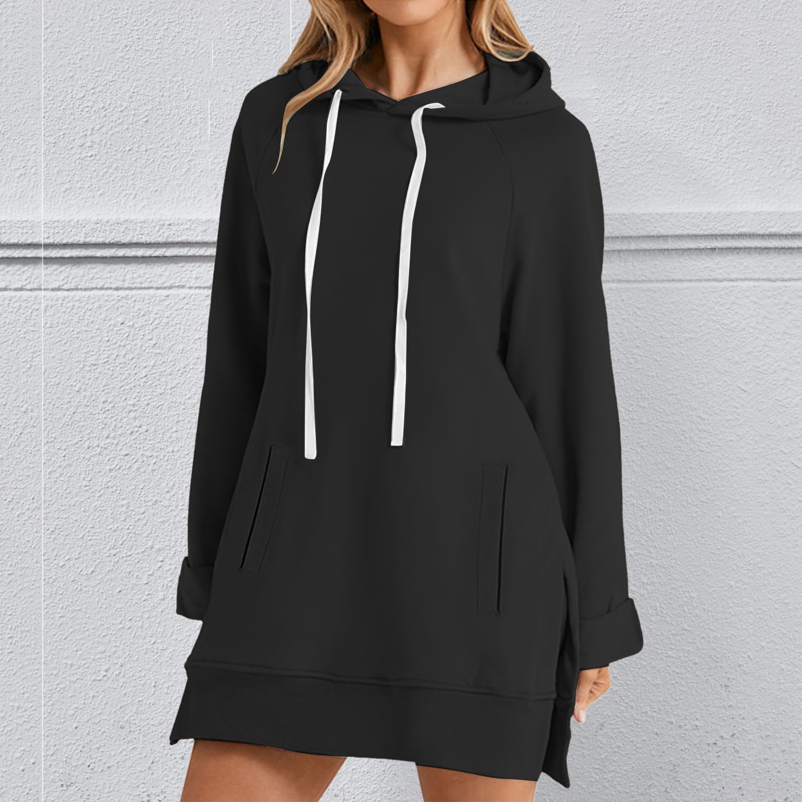 Women s Fashion Hooded Pocket Split-Hem -Lined Long-Sleeve Pullover Sweatshirt S чёрный