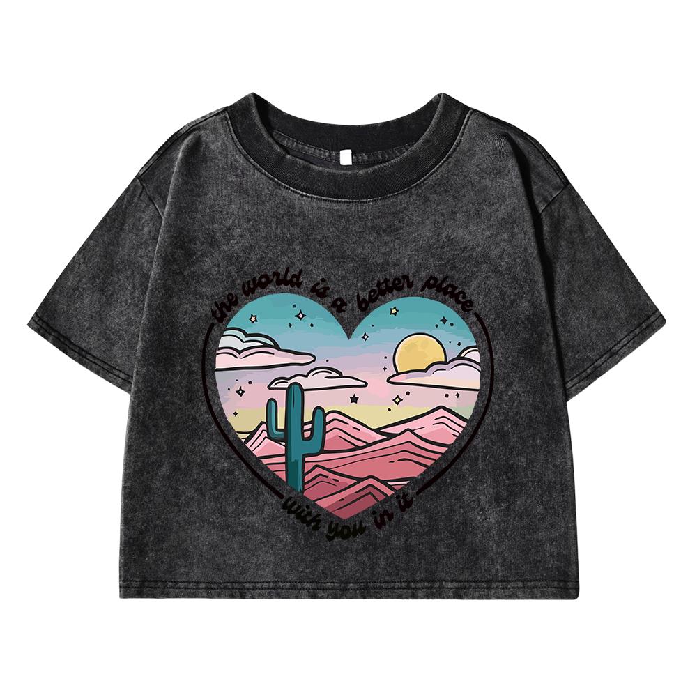 Women Cotton Washed T-Shirts Summer Regular Fit Crop Tops The Waild Is A Better Place Letter Prints Tees Street Clothes