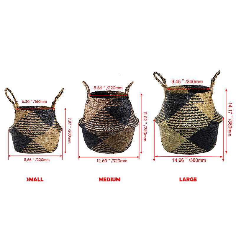 Handmade Straw Storage Baskets Rattan Flower Pot Belly Basket with Handles Folding Clothes Laundry Storage Container
