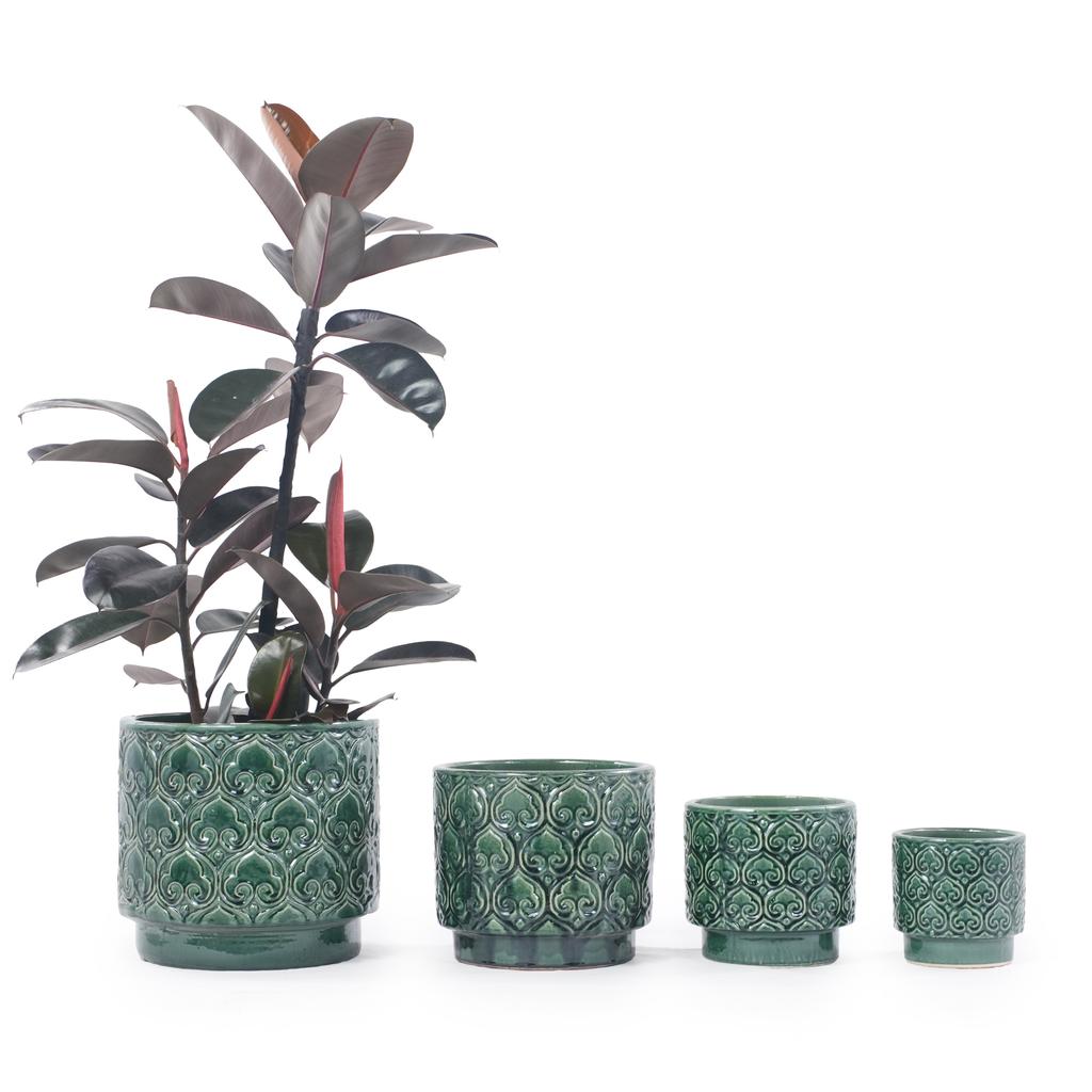 Mini Small Ceramic Plant Pot Ø19 cm, Glossy Rich Green Heart-Ornament Relief, Breathable Drainage Hole for Mini Succulents and Desktop Herbs
