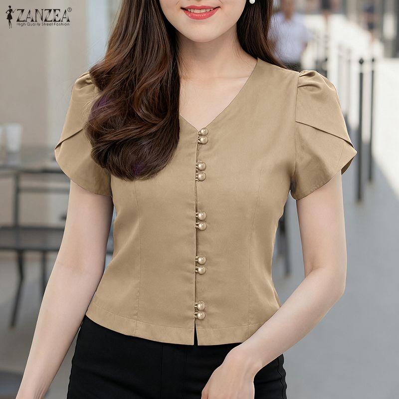 ZANZEA Women Casual V-Neck Solid Color Short Sleeve Blouse