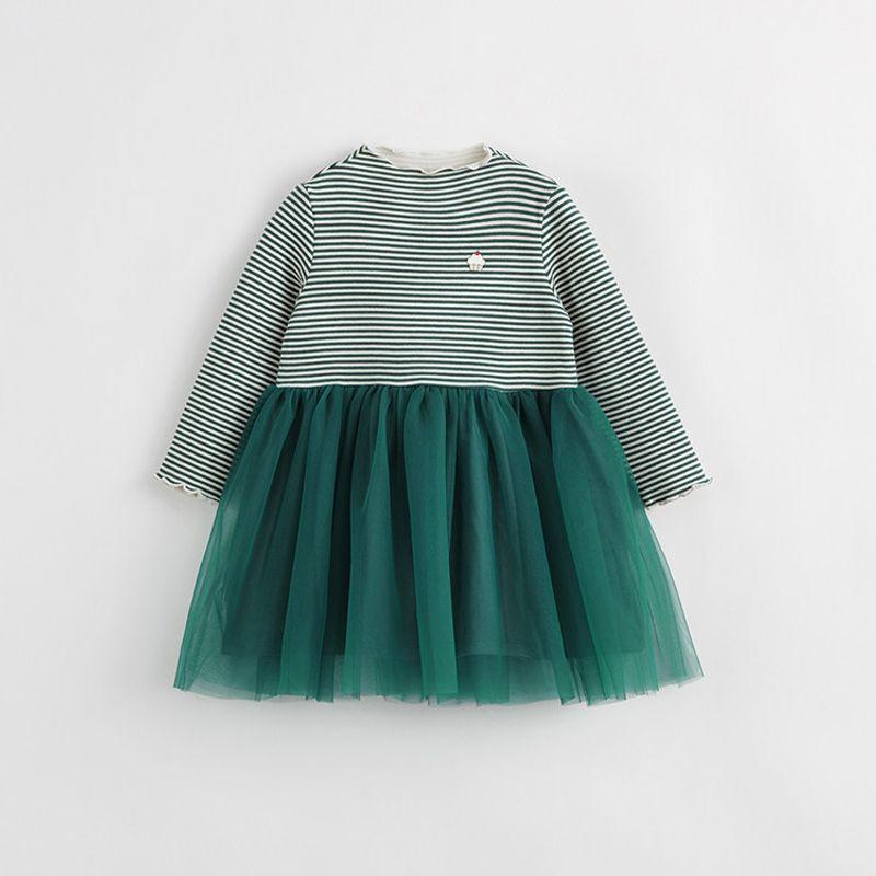Mark Jenny Girls Spring and Autumn Mock-Neck Stripes Mesh Dress Kids Skirt 231386 Green and White Stripes 90
