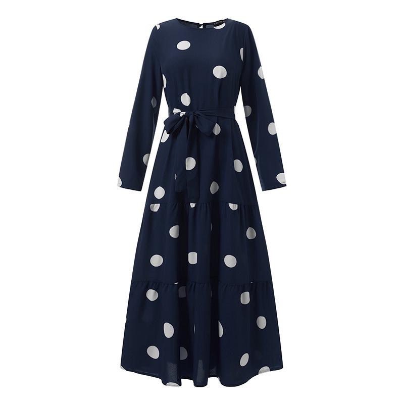 2023 Middle Eastern Muslim Polka Dot Print Maxi Dress with Belt