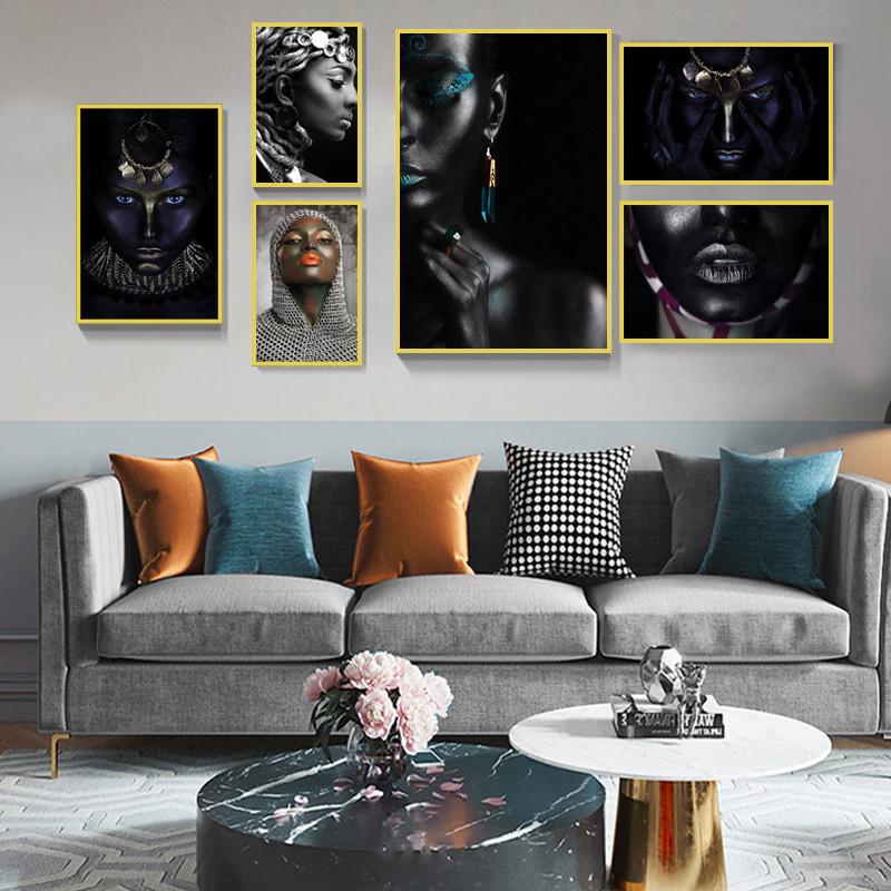 Afrikanische schwarze Frauen-Portrait-Kunst-Poster und Drucke auf Leinwand, Malerei, Make-up, weibliche Wandkunst, Bild für Wohnzimmer, Heimdekoration