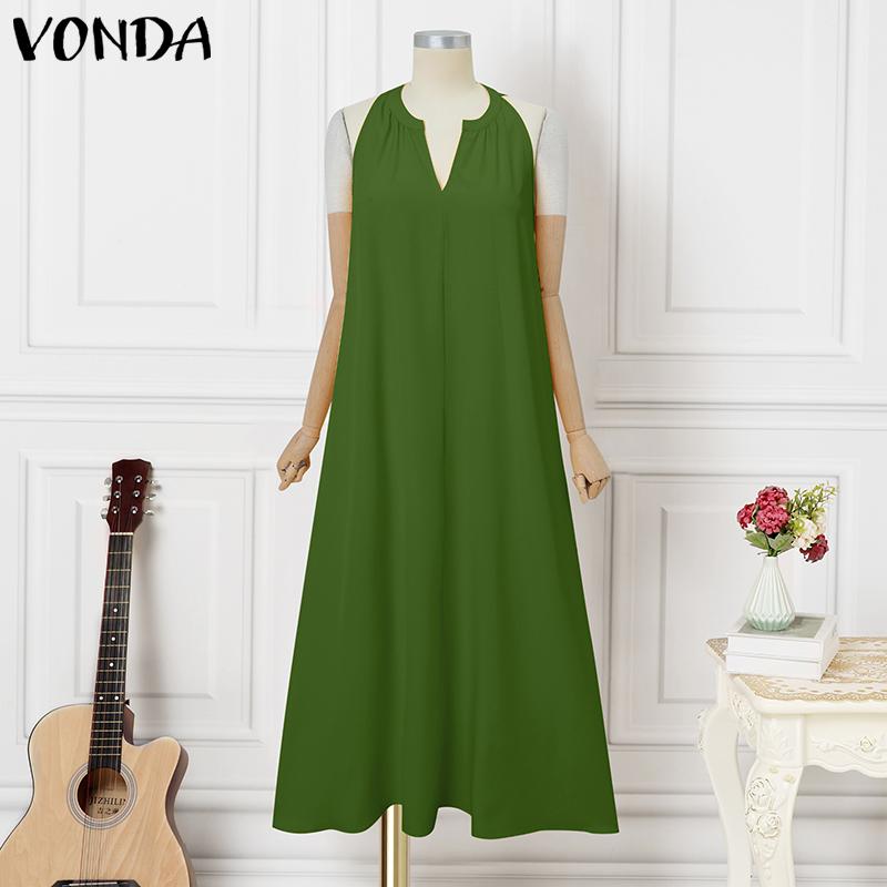 

VONDA Летнее женское платье с V-образным вырезом, без рукавов, однотонное, повседневное, для вечеринок, длинное, расклешенное M