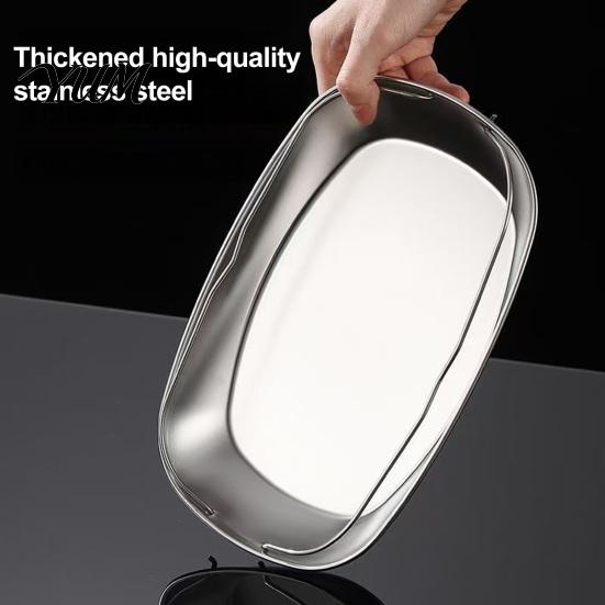 Food Grade Kitchenware Fish Steaming Plate with Ergonomic Handles, Stainless Steel Oval Cooking Durable Cookware Pan, Portable Large Capacity Serving