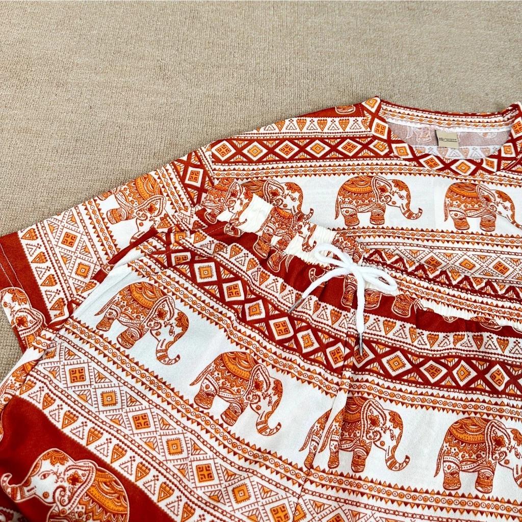 Słoniowe Spodnie Koszula Zestaw Okrągły Dekolt Krótki Top Krótki Rękaw Regulowany Elastyczny Pas Pasek Kobiety Nadruk Tajlandia Casualowy Bohemski Retro Vintage