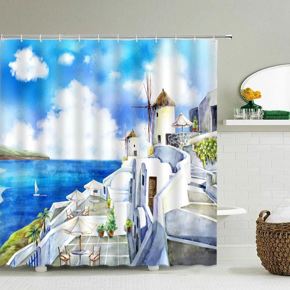 Sunlight Beach Waterproof Fabric Shower Curtains 3D Printing Palm Tree Bath Curtain For Bathroom Bathtub Decoration With Hooks