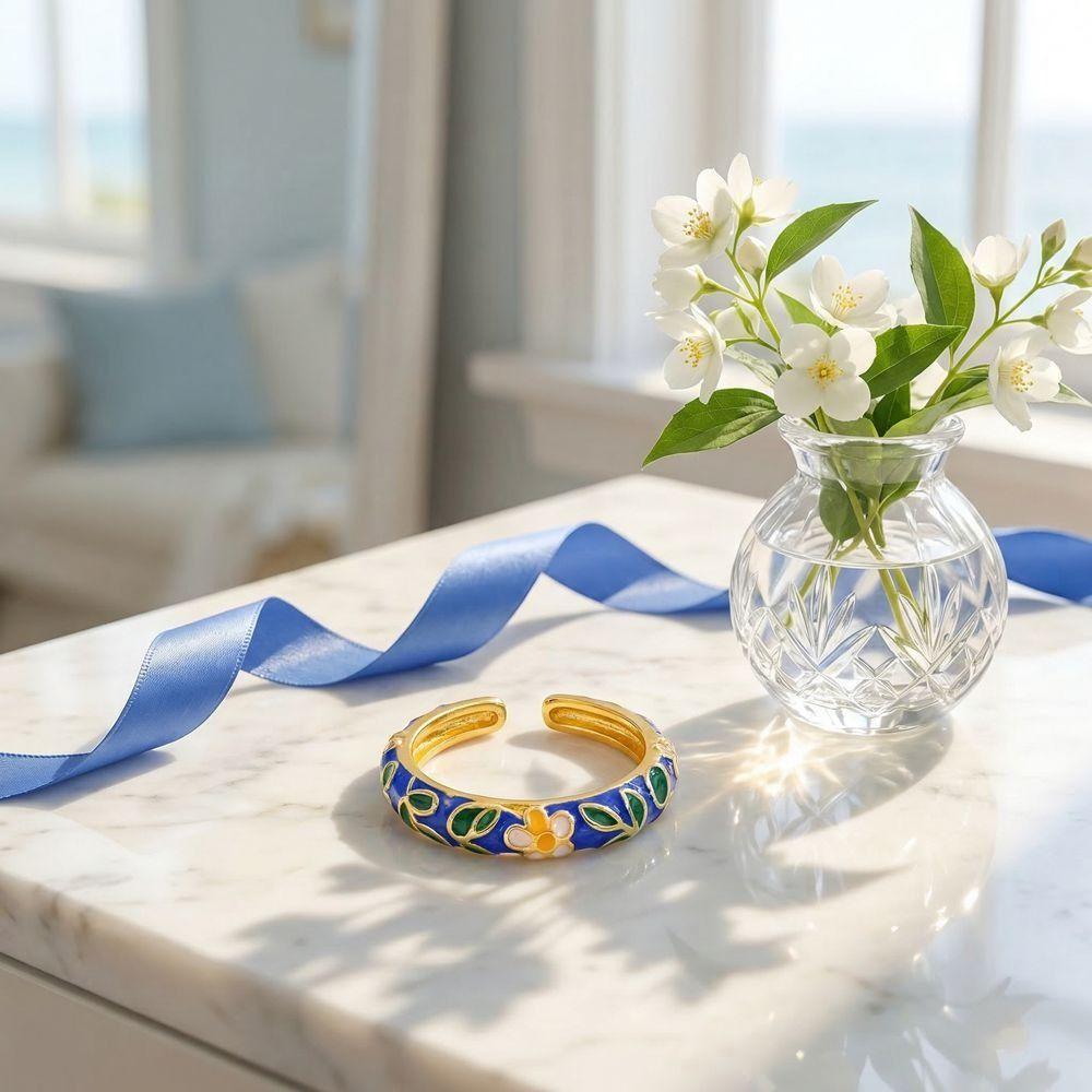 Bohemian-Style Colorful Enamel Flower Rings Classic Gold Plated Ring  Female