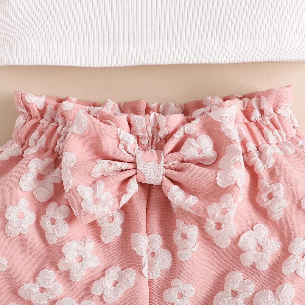 Sweet Girl's Summer Children's Suit, Ruffled Single-piece Halter Top, Pink Printed Shorts Two-piece Set