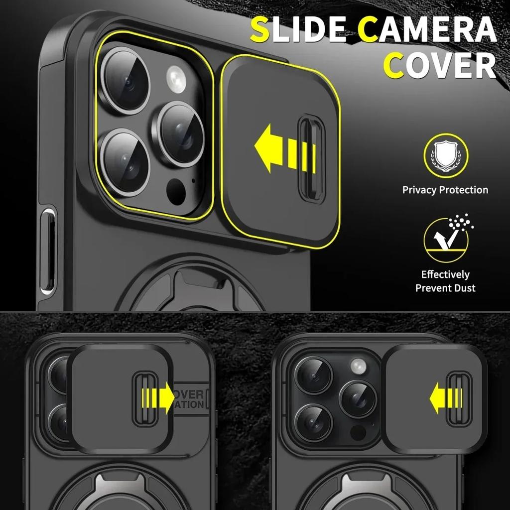 Armor Magnetic Bracket Case for 16e 16 14 13 12 11 15 Pro Max Plus With Lanyard Slide Camera Protection Shockproof Cover