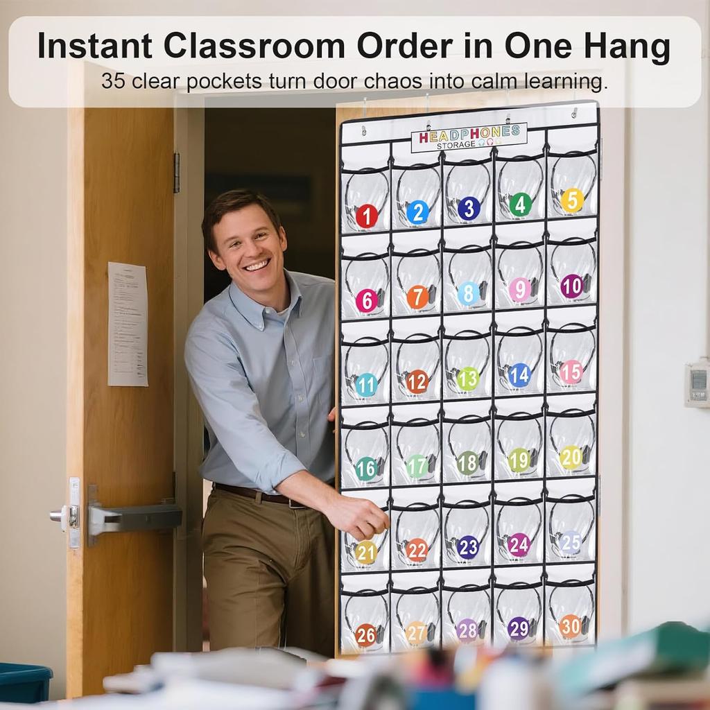 Headphone Storage Classroom,Over The Door Hanging Classroom Headphone Storage with Digital Stickers,35 PVC Clear Organizer Holder Pockets with 4