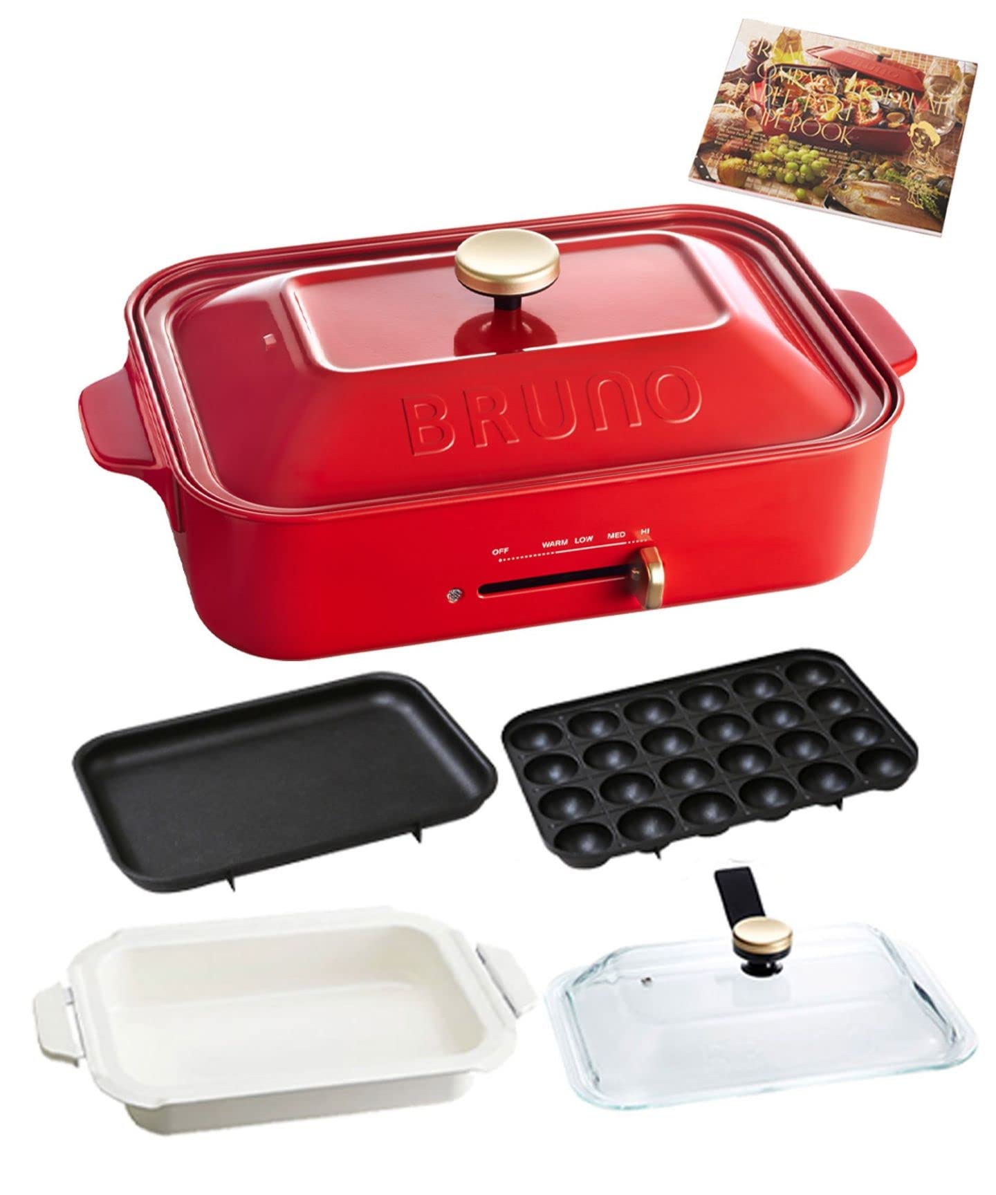 

BRUNO Compact hot plate Main body 3 types of plates ceramic coated pot Glass lid Recipe book included Red Red Stylish Cute This one unit Lid included червоний
