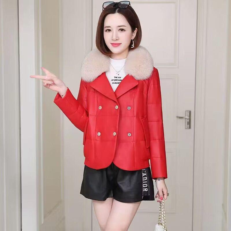 Haining leather jacket down cotton jacket women's short small winter clothing new Korean version fashion fur thickened leather jacket tide