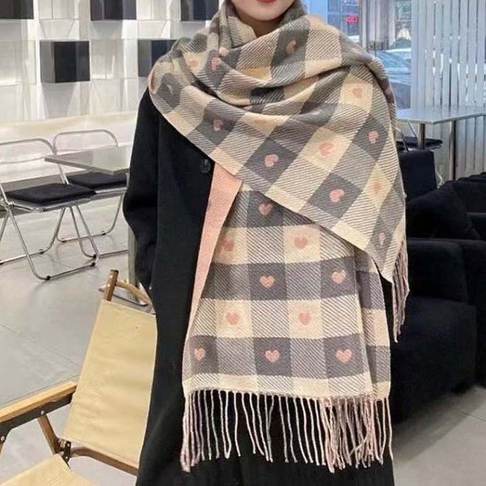 Long Plaid Knitted Scarf Warmer Tassel Shawl Korean Style Heart Thickened Scarf Autumn