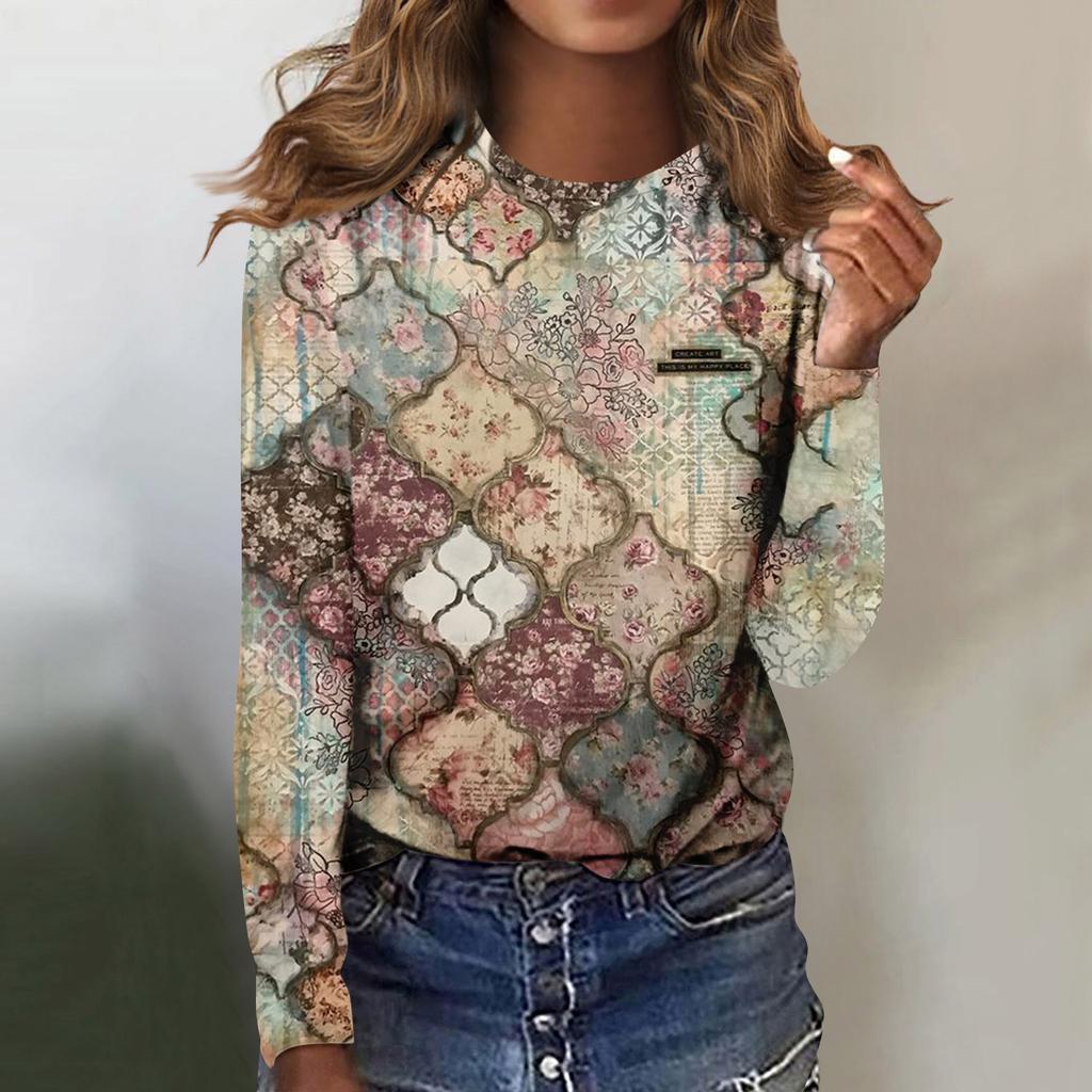 Women's Fashion Casual Long Sleeve Print Round Neck Pullover Top Blouse