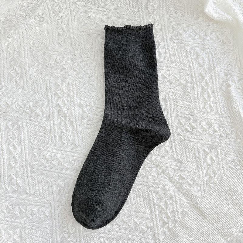 Schwarze Socken mit Ohrbesatz für Damen, Wadenlange Socken für Herbst und Winter, Trendige einfarbige Baumwollsocken, Frotteesocken mit Spitze, Nahtlose Damensocken