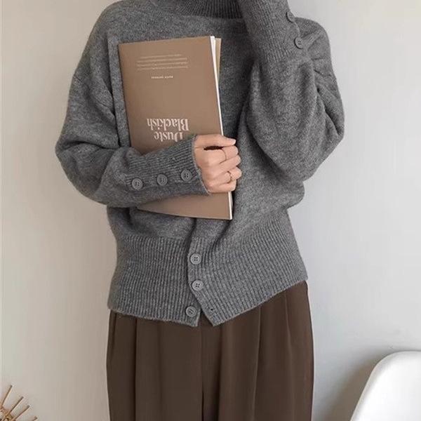 Retro High Neck Button Sweater: Women's Autumn/Winter Solid Color Knit with Slit