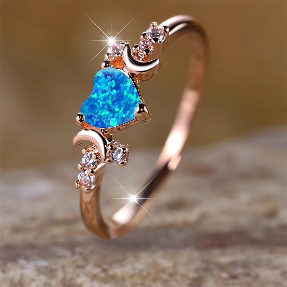 Anelli Cuore di Fuoco Opale Bianco per Donna Oro Rosa Colore Rame Fedina Nuziale Gioielli da Sposa Fidanzamento Regalo Festa della Mamma