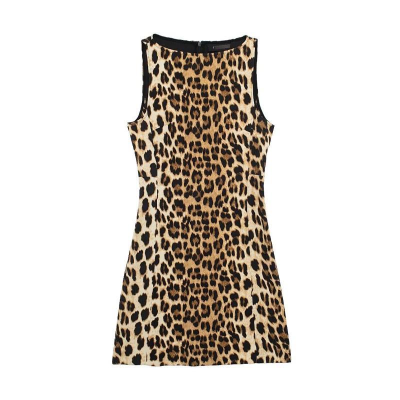 

European American Women s Clothing Summer Fashionable Leopard Print Sleeveless Slim Short Dress XS