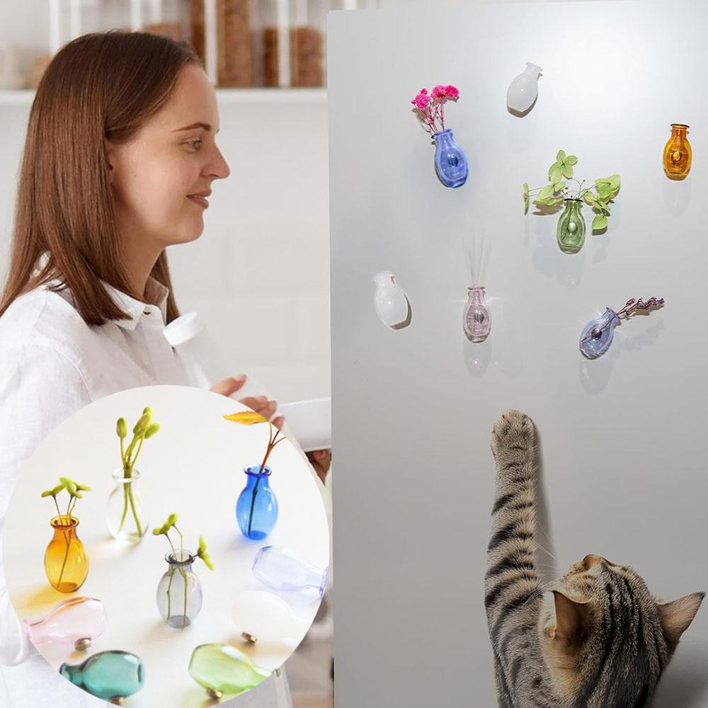 1Pc Cat Whiskers Mini Glass Vases Magnetic Tiny Vases Refrigerator Decor Small Plant Kitchen Office Cat Dog Whisker Holder Gift