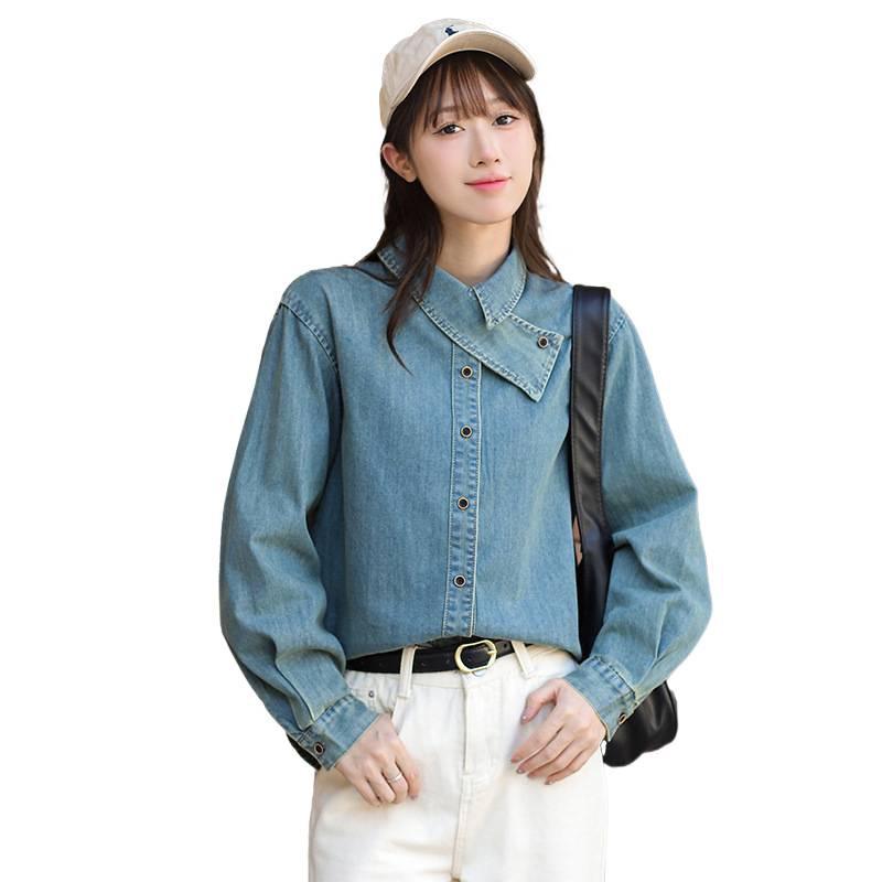 Vintage-Inspired Luxe Korean Denim Shirt with Scarf Collar