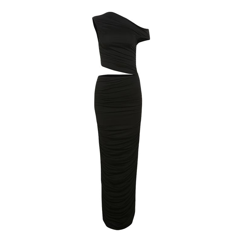 

Ladies New Style Temperament Mature Solid Color Pleated Oblique Shoulder Slim Hip Dress S чорний