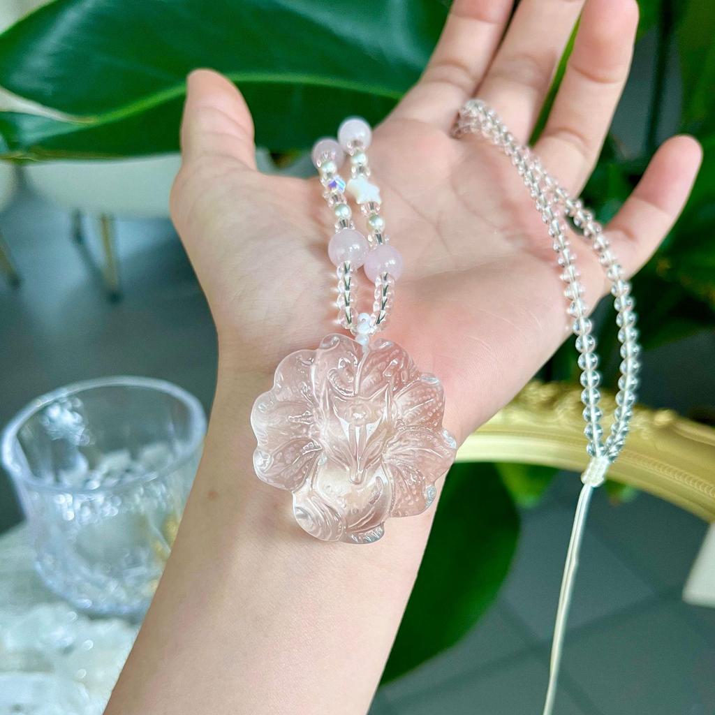 Original Nine-Tailed Fox Pendant Necklace: High-End Natural Crystal Carved Jewelry for Women, Chinese Style