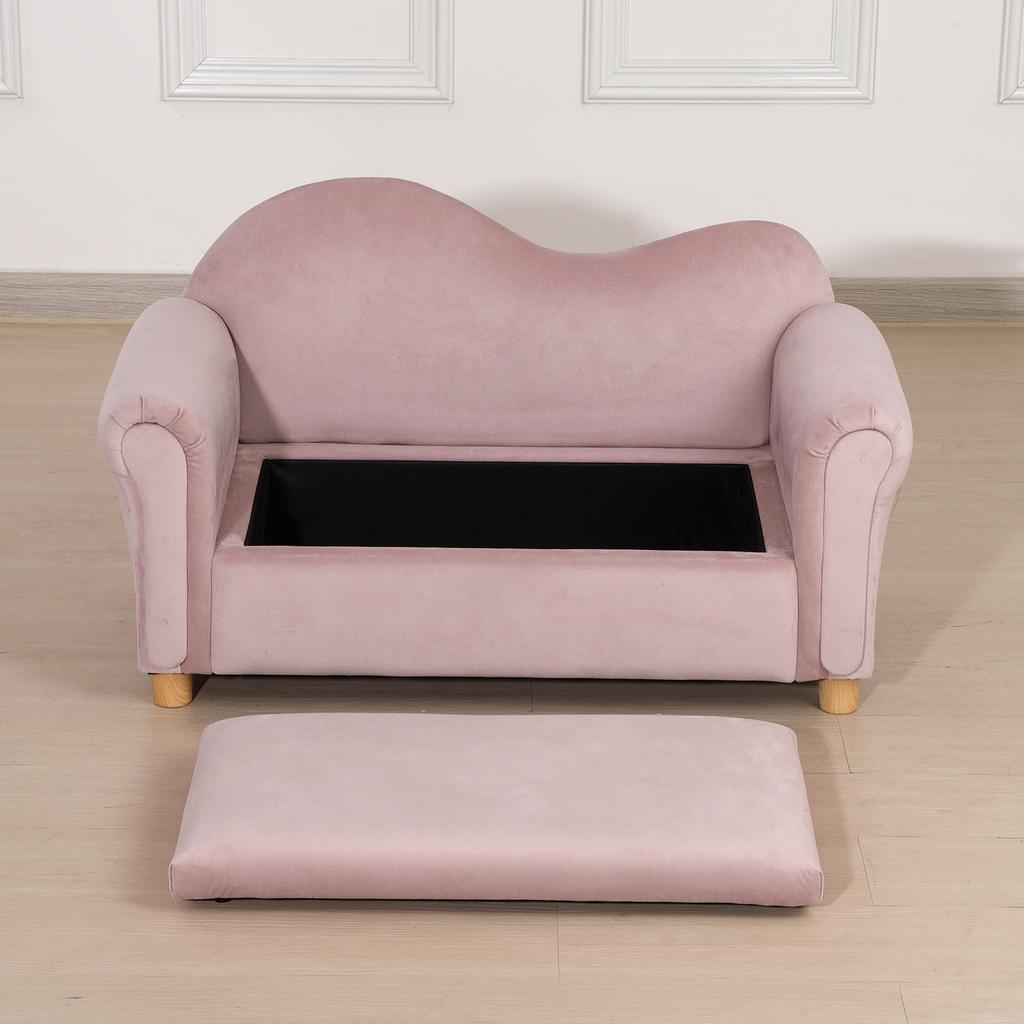Children's Sofa, Two-Seater for Children 3-5 Years, Storage Space, Natural Wood Frame, 84 x 41.5 x 48.5cm, Pink