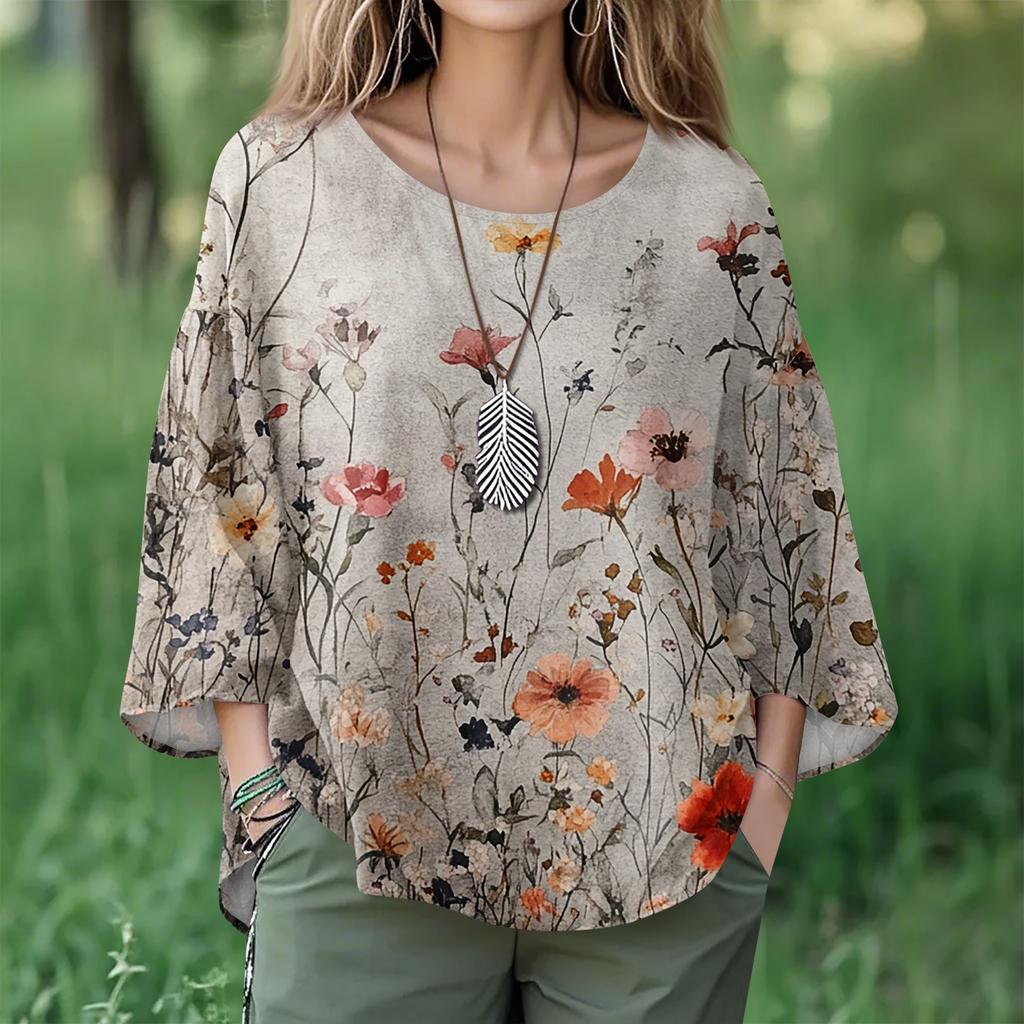 Summer Tops For Women Cute O Neck 3/4 Sleeve Blouses Floral Print Top Casual Shirts