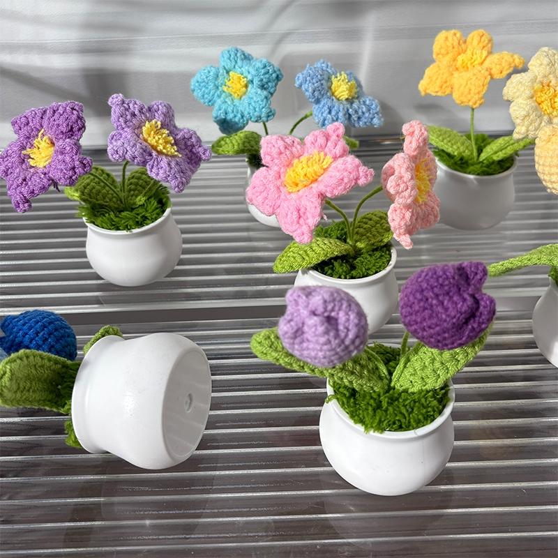 Artificial Flowers Potted Crochet Flower Ornament Desk Accessories Room Decoration Home Decor Holiday Gifts