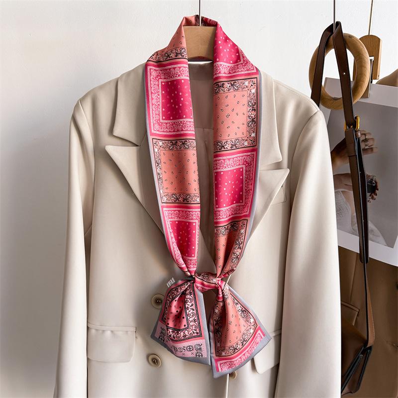 New temperament double-layer scarf streamer strap bag decoration suit scarf small long headband silk scarf women's printing narrow