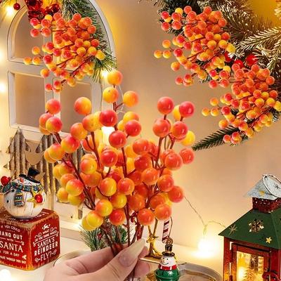 5/10Pcs Artificial Berries Stems Oange Gold Silver Simulation Christmas Holly Berry Wreath Xmas Tree Party Home Table Ornament
