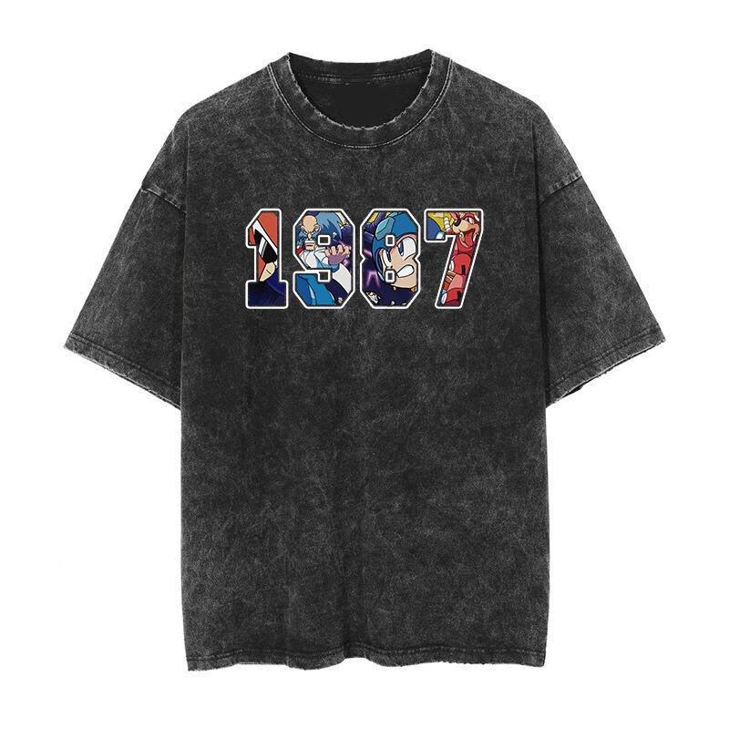 1987 Rockunisex Classic Cartoon Animation Game Distressed Washed American Retro Batik Shortsleeved Tshirt
