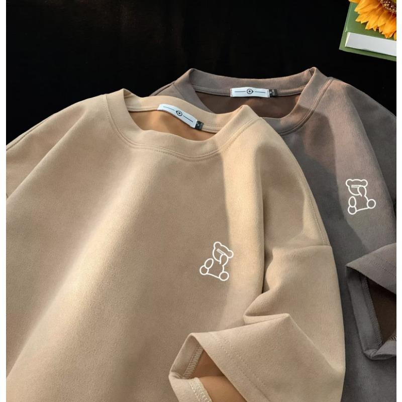 

Летняя новая замшевая тяжелая футболка с коротким рукавом мужская американская ретро повседневная футболка с полурукавом топ M бежевый