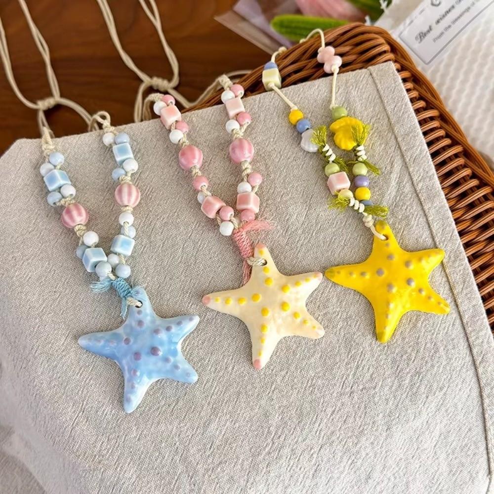 Starfish Beaded Long Chain Necklace Ceramic Women Pendant Rope Necklace Bohemian Accessories