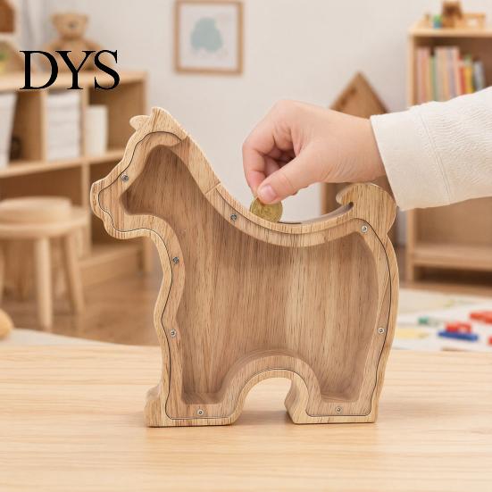 Children Piggy Bank Wooden Dog with Clear Front, Unbreakable Puppy Coin Cash Front Container, Decorative Animal Money Saving Box for Boys Girls