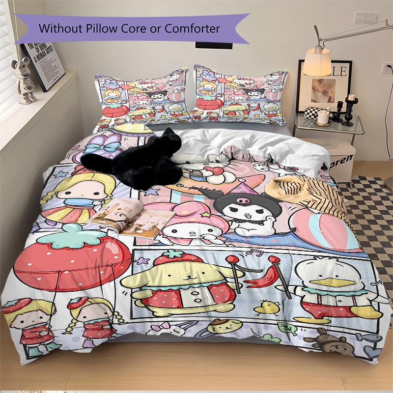 3pcs Friendship and Fun Hello Kitty and Friends Printed Quilt Set Soft and Comfortable Quilt Cover for Bedroom, Guest Room Bedding Set S022