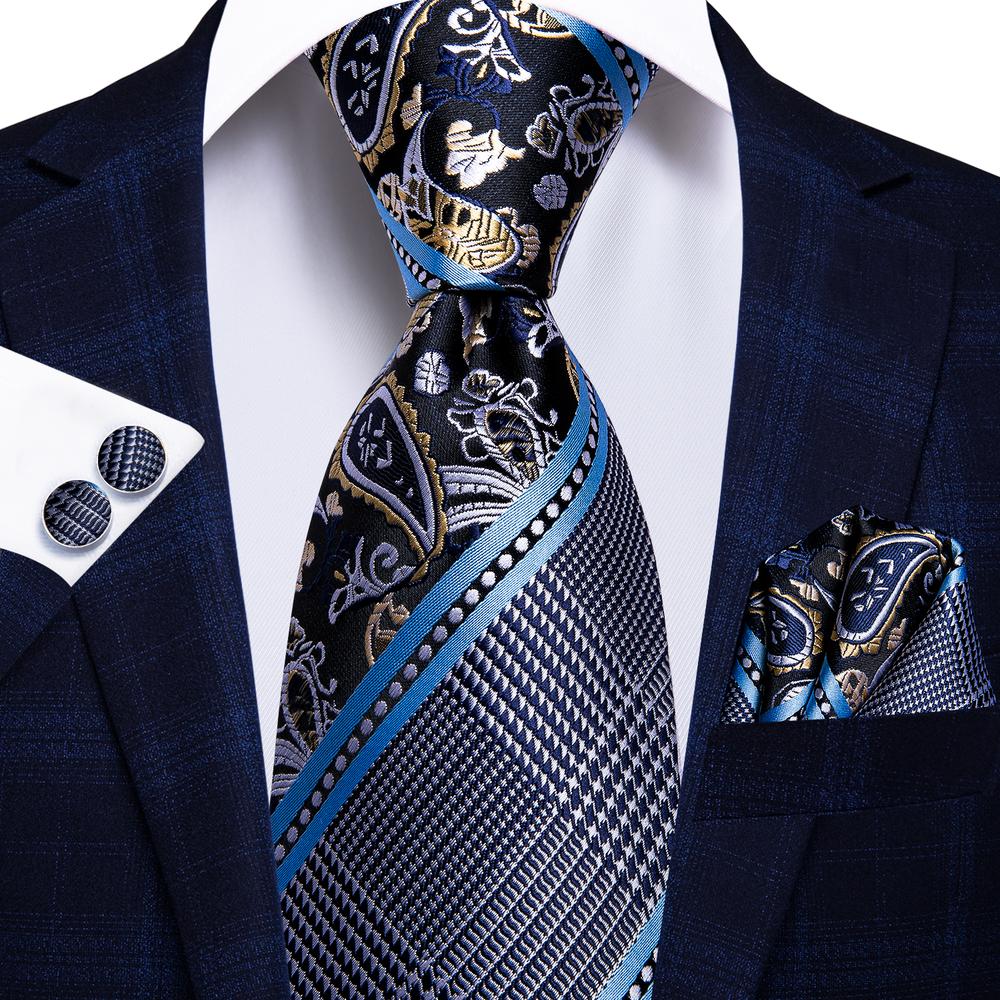 Hi-Tie Navy Blue Striped Silk Wedding Tie For Men Fashion Design Gift Men Necktie Hanky Cufflink Set Business Party Dropshiping