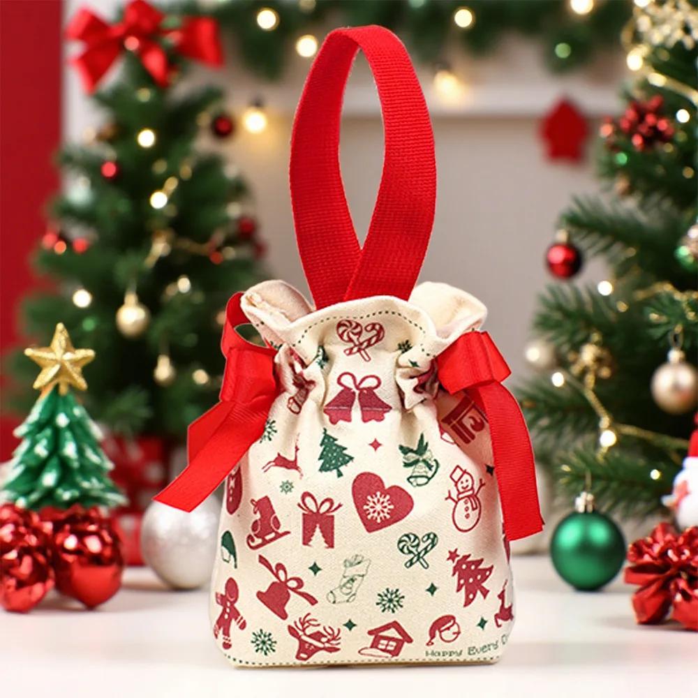 Christmas Canvas Drawstring Bag Christmas Candy Gift Packaging Bag Cartoon Handbag for Apple DIY New Year Xmas Home Party Supply
