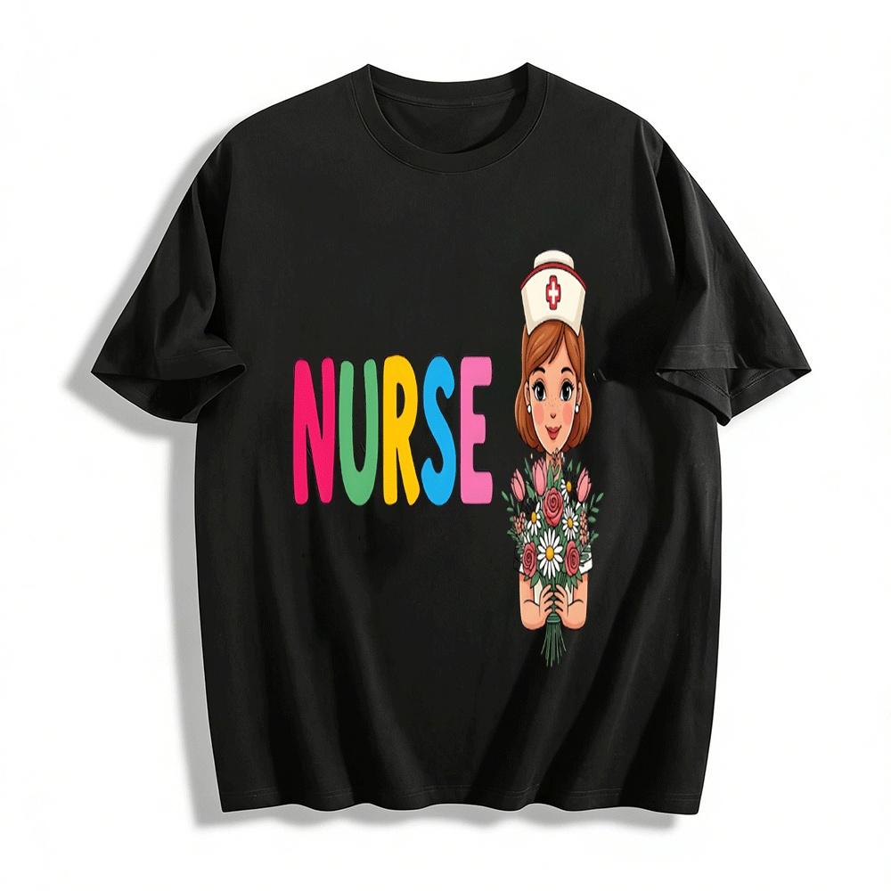 

Cute Nurse Holding Bouquet Print Casual Loose Comfortable T-Shirt Pure cotton T-shirt XXS