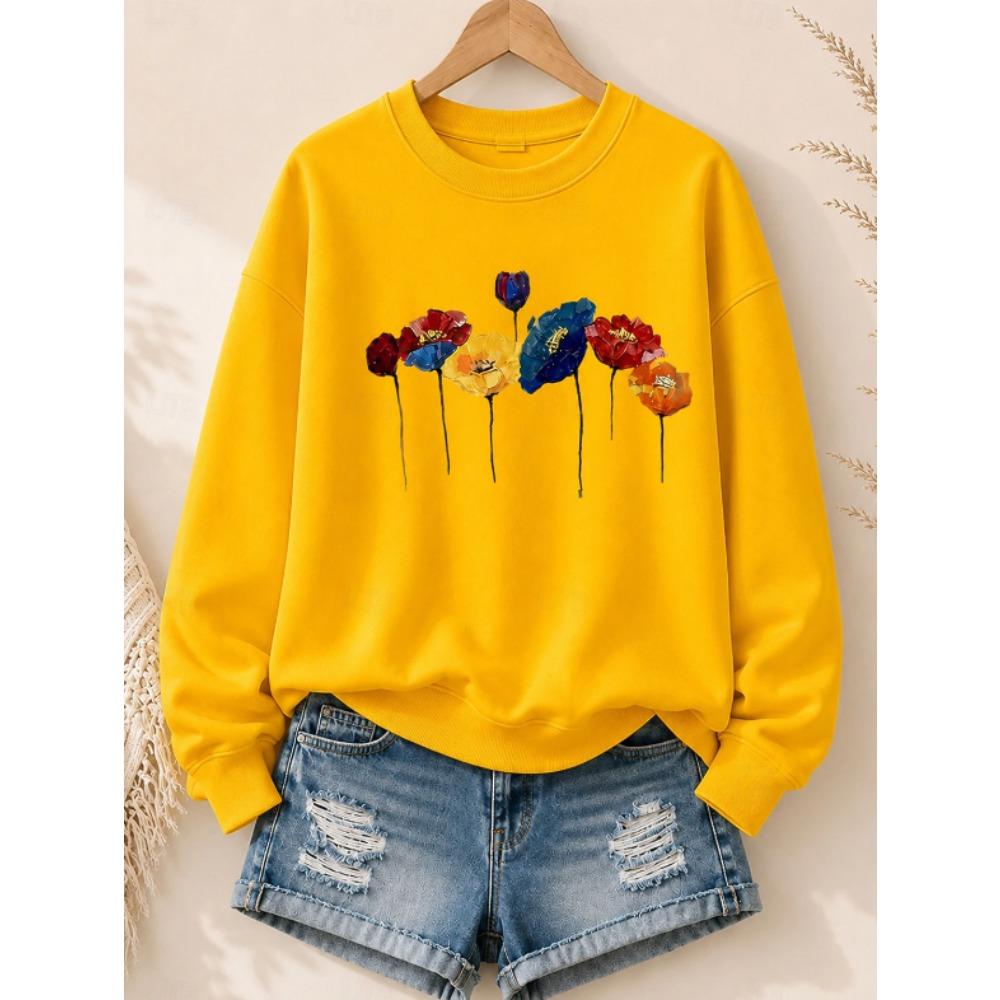 Tops for Women Floral Print Round Neck Long Sleeve T-shirt Fall Casual Slim Pullover Women's Long Sleeve Top
