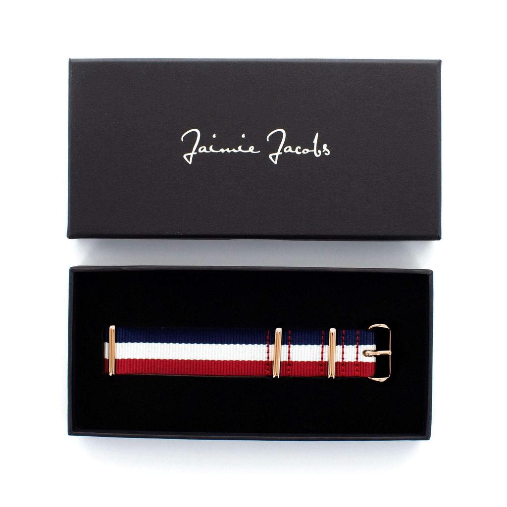 Jaimie Jacobs LEHEL SCHWABING MAXVORSTADT Watch Made In Germany Gold Strap, (Nato Strap, Red, White, Blue, Buckle)