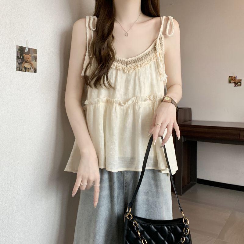 French Sweet Ruffle Doll Top - Summer Resort-Style Loose Sleeveless Camisole S абрикосовый